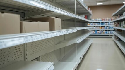 The store is almost empty, with only a few boxes on the top shelf. The shelves are mostly empty, with only a few items left. The store looks like it has been abandoned