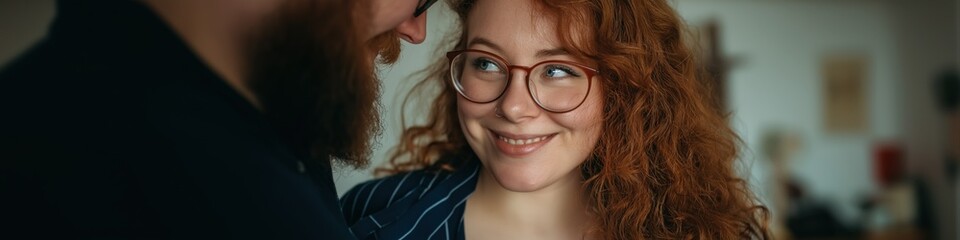 Obraz premium Red-haired caucasian female smiling at bearded male in glasses