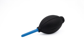 Black Rubber Air Blower with Blue Nozzle for Camera Lens Cleaning on White Background