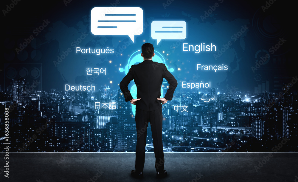 Poster global communication with multiple languages, digital translation tools, multilingual technology, cr
