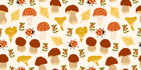Cozy Autumn Forest Pattern with Mushrooms, Ladybugs, Leaves, and Berries. Seamless Fall Nature Background. Cute Fall Season Design for Paper, Textile.