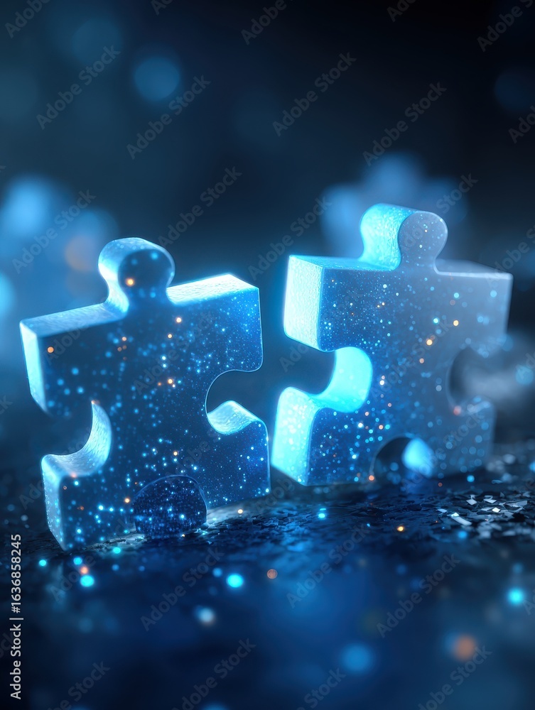 Poster digital puzzle pieces interlocking seamlessly glowing against a futuristic blue abstract background 