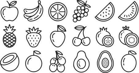 Fruit Icons Set – Outline Vector of Various Fresh Fruits Vector Illustration