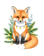 Obraz premium Cute fox surrounded by greenery and fairy lights