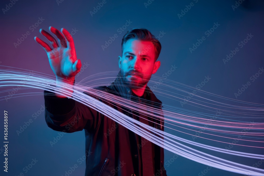 Poster man interacts with digital data streams, exploring future technology and innovation in dynamic neon 