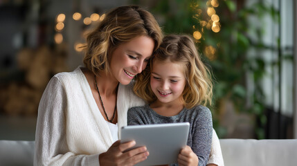 Woman and girl learning together with a tablet in soft light