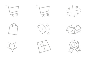 Iconic Elements: Minimalist Icons Depicting Shopping and Celebration. A captivating collection of hand-drawn, minimalist icons, offering a glimpse into the worlds of shopping and festive celebration.