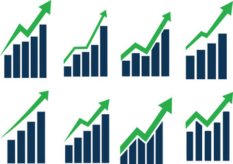 Multiple Green Arrow Bar Chart Growth Icons on White Background graph rising