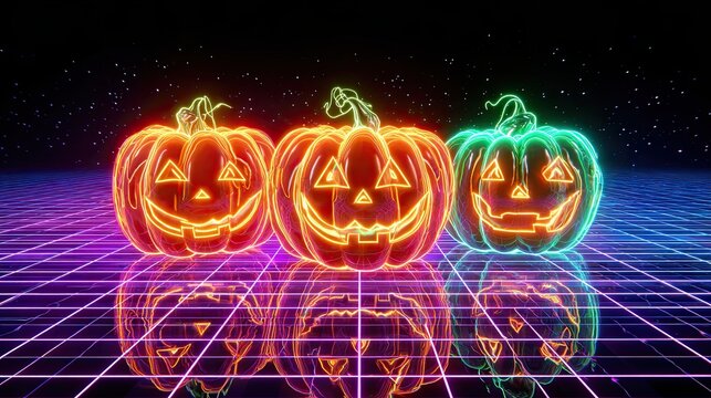 Three glowing neon Halloween pumpkins with jack-o'-lantern faces on retro grid background at night