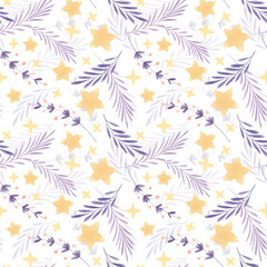 Seamless watercolor pattern with golden yellow stars and purple branches on white background. Cute festive repeatable design for Christmas, New Year, wrapping paper, holiday decorations and textiles.