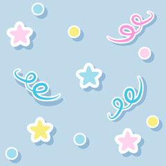 Kid's seamless pattern, elements for design. Vector illustration for children with sticker: star, dots, confetti, serpentine. Festive, birthday background.