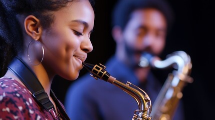 Young Black female saxophonist smiles while playing passionately on stage with a male musician in the background.