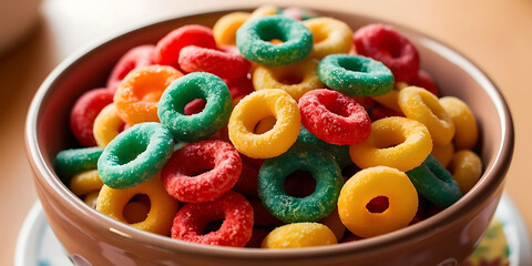 A close up shot of a bowl filled with colorful loop shaped cereals on a beige surface background