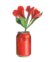 Red bright flowers in a tin can. Watercolor botanical illustration for postcard