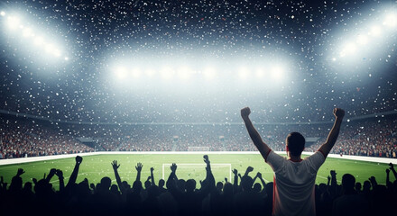 Crowd of fans cheering in a stadium during a soccer or football game