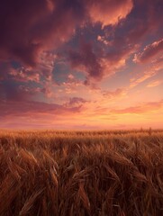 Obraz premium a golden wheat field stretching to the horizon under a dramatic sunset with warm orange and pink hues in the sky 