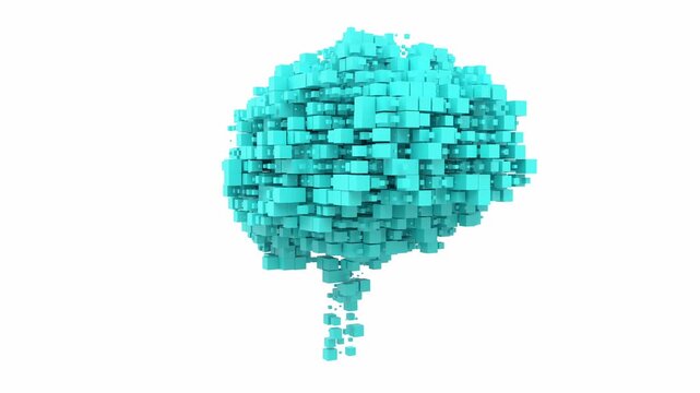 Voxel brain 3D animation loop. Can be used in artificial intelligence, neuroscience and big data visualization. Ideal for projects related to medical research, deep learning or brain interfaces	