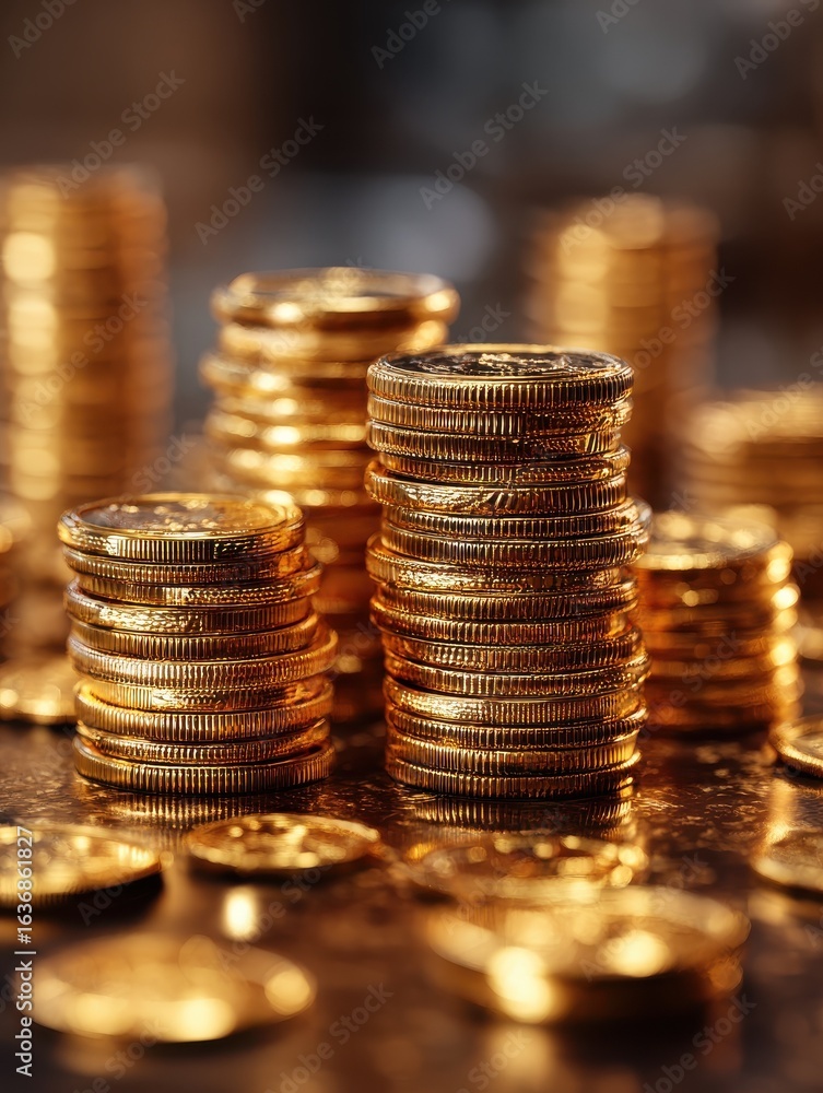 Poster a closeup view of stacked gold coins on a table creating a rich and luxurious atmosphere with a blur