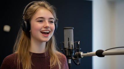 Smiling teenage girl with blond hair recording vocals in a studio setting.