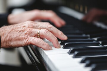 Obraz premium Elderly musician playing piano with wrinkled hands and golden ring
