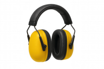 Yellow ear muffs with black headband protecting hearing, mounted against clean transparent backdrop emphasizing industrial safety gear