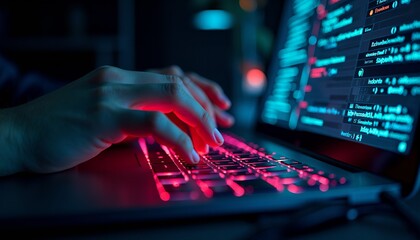 Programmer at his laptop at night, neon illuminated keyboard and code screen, cybersecurity and software development, technological workflow