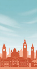 Fototapeta premium Silhouette of London skyline against a light blue sky, showcasing iconic buildings like Big Ben and Houses of Parliament, ideal for travel or city background