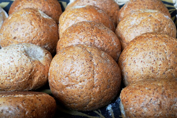 Fresh round buns in a basket