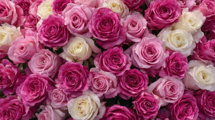 Fototapeta premium Lush bouquet of pink and white roses in full bloom with soft petal textures