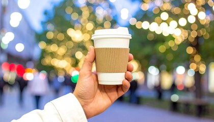  A cozy hand holding a paper coffee cup mockup with a brown sleeve, set against a blurred background of glowing string lights, creating a warm, festive, and inviting mood, Writing a note or logo print