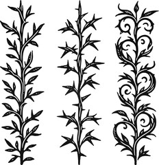 Detailed line art of twigs and thorns vine stems illustration. Outline Simple Stylized plants. Set of branches, leaves. Seamless doodle floral pattern. Hand drawn Botanical drawing, frieze. 