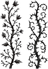 Detailed line art of twigs and thorns vine stems illustration. Outline Simple Stylized plants. Set of branches, leaves. Seamless doodle floral pattern. Hand drawn Botanical drawing, frieze. 