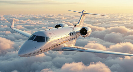 Close-up cinematic pearl-white private jet in golden hour above soft clouds.