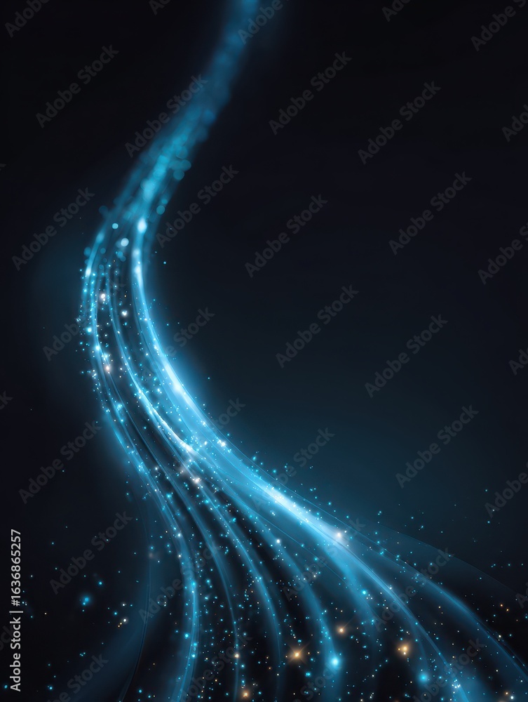 Poster dynamic glowing blue wave with sparkling highlights on a dark background creating a futuristic energ
