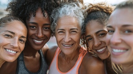 Fototapeta premium happy multi generational women having fun together multiracial friends smiling on camera after sport workout outdoor main focus on african female face no logos no brands ar 169