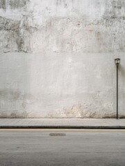 Fototapeta premium city street with long concrete wall covered in white plaster featuring copy space and mockup