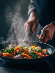 chef cooks colorful plant based meal in pan healthy food preparation fresh ingredients steam rises from hot pan eco friendly cooking modern kitchen sustainable cuisine
