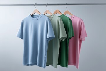 Colorful t-shirts on hangers: blue, green, pink apparel display on rack