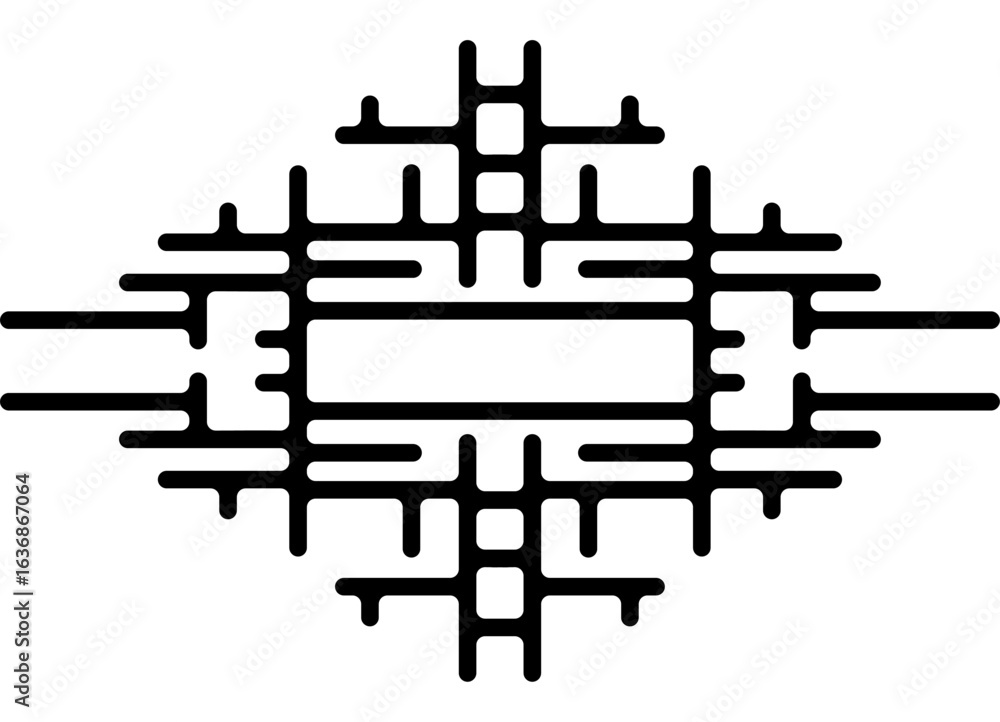 Poster symmetrical vector pattern of black perpendicular lines with rounded edges on a white background. de