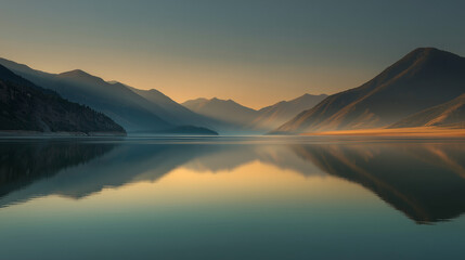 Obraz premium ai sunrise illuminates tranquil lake surrounded by majestic mountains in serene landscape