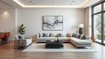 Fototapeta premium Minimalist living room with abstract art and soft natural light from large windows.