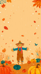 Fototapeta premium Autumn Scarecrow with Falling Leaves and Pumpkins