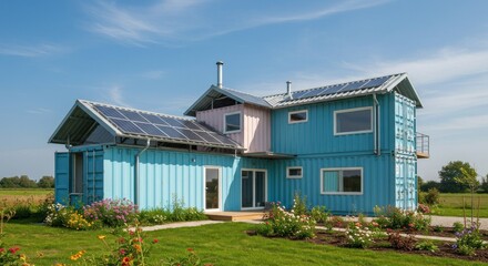 Teal colored house on a grassy field