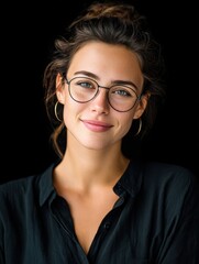 Obraz premium a woman wearing glasses and a black shirt is smiling at the camera