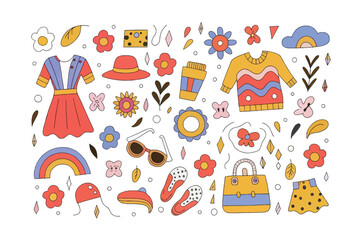 Fashion elements in a cute and artistic Style: A collection of colorful, hand-drawn fashion elements in a playful style, including a dress, hat, sunglasses, and more.