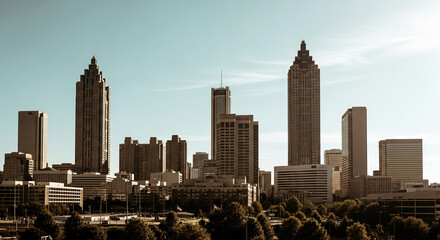 Fototapeta premium Atlanta cityscape at sunrise, showcasing several skyscrapers under a clear sky, representing urban development, growth, and modern architecture
