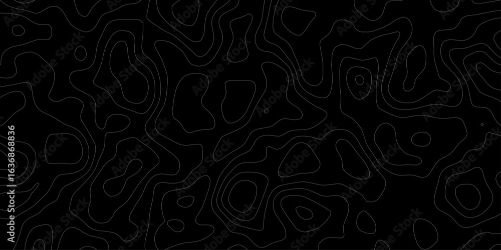 Poster topographic contour lines in monochrome creating modern and minimal style, dark and abstract pattern