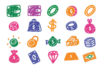 Colorful Financial Doodle: A whimsical array of hand-drawn financial symbols and icons, celebrating wealth, finance, and economic elements in a cheerful illustrative style.