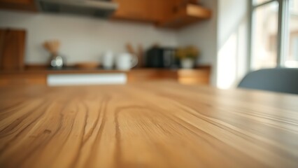 Naklejka premium Wooden table surface close-up with natural grain texture, warm kitchen ambient light.