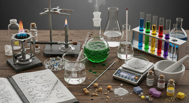 chemistry poster background blends glowing molecules, atomic orbitals, and vivid gradients for dynamic visual impact.